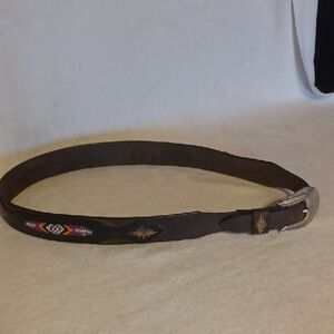 Vintage Brown Leather Belt with Beaded Accents 34-36 Inch